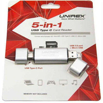 Unirex 5-in-1  SD/Micro SD/USB Type C/ USB 3.0/ Micro USB Card Reader - Fresh Stock Dated February 2026