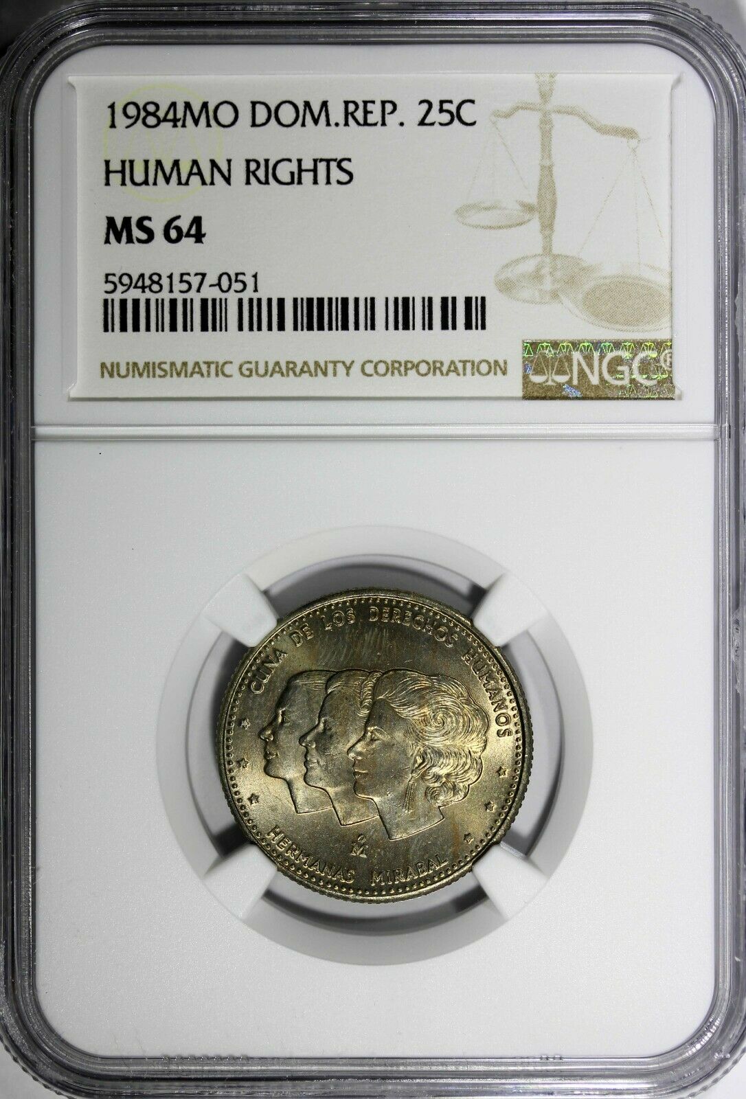 DOMINICAN REPUBLIC 1984 25 Centavos NGC MS64 Mirabal Sisters Toned KM# 61.1 (51) - Fresh Stock Dated December 2025
