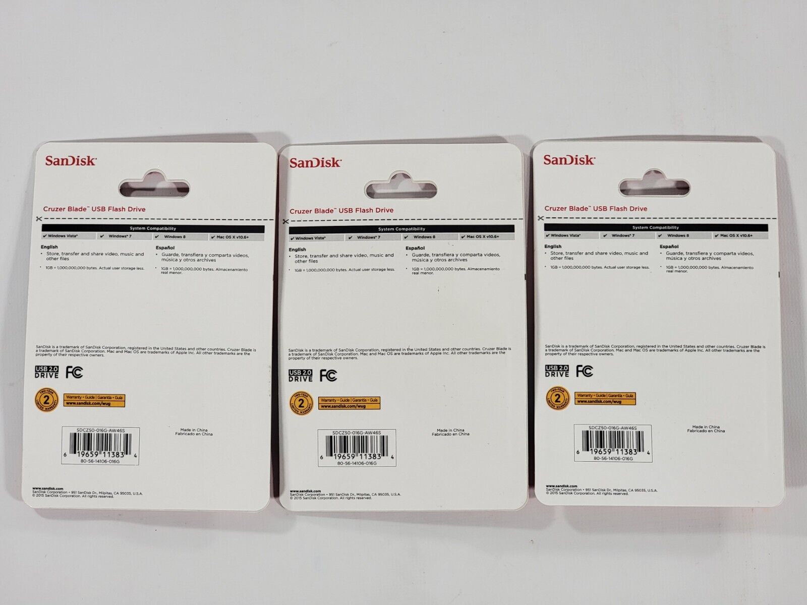 Lot of 3 SanDisk CZ50 16GB USB Flash Jump Drive Cruzer Blade SDCZ50-016G-AW46S - Fresh Stock Dated February 2026