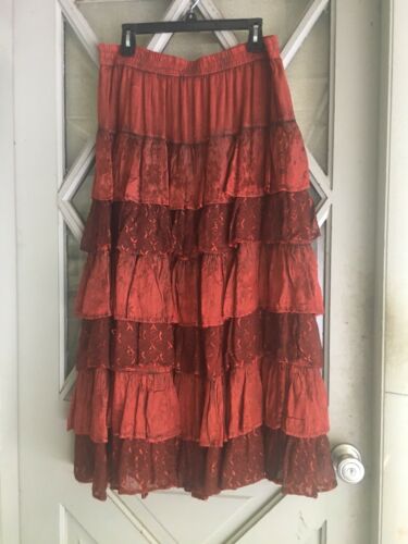 VINTAGE DARK RED RUFFLED/TIERED BOHO/HIPPIE LONG SKIRT - Fresh Stock Dated February 2026