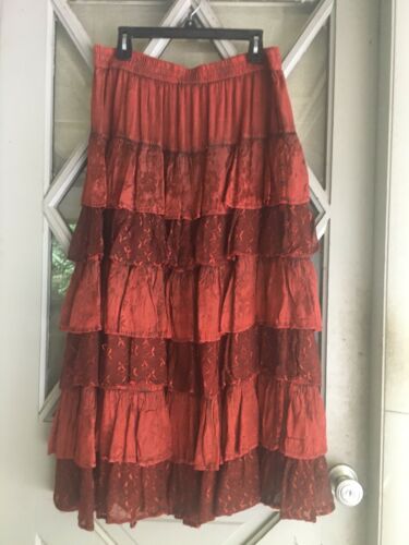VINTAGE DARK RED RUFFLED/TIERED BOHO/HIPPIE LONG SKIRT - Fresh Stock Dated February 2026