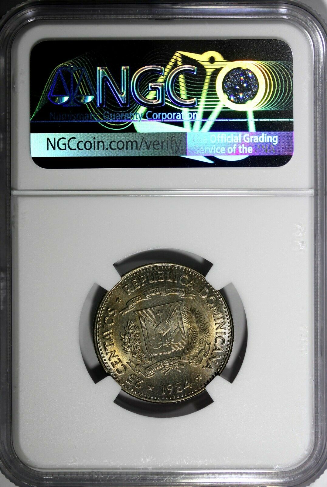 DOMINICAN REPUBLIC 1984 25 Centavos NGC MS64 Mirabal Sisters Toned KM# 61.1 (51) - Fresh Stock Dated December 2025