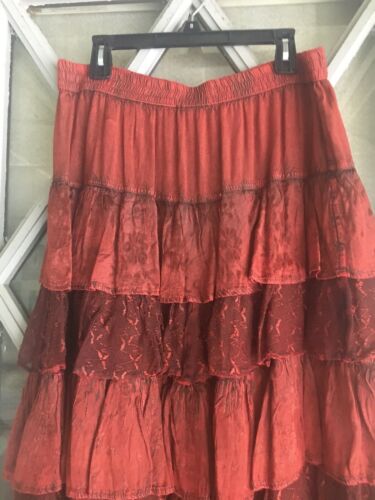 VINTAGE DARK RED RUFFLED/TIERED BOHO/HIPPIE LONG SKIRT - Fresh Stock Dated February 2026