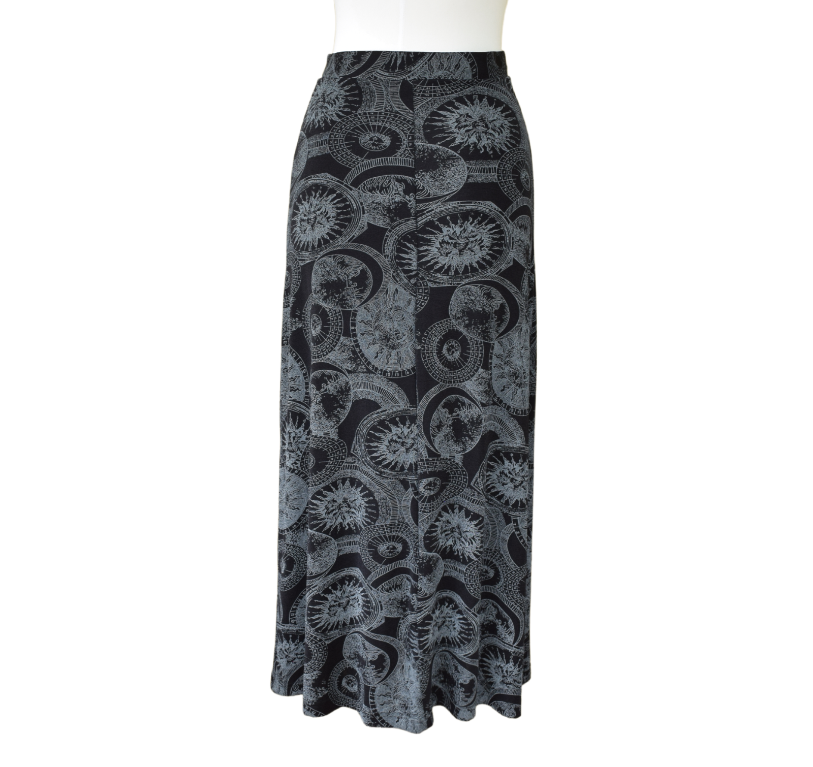 Vintage 90s Y2K Celestial Maxi Skirt Black Stretch Medium Black Sun Moon Goth - Fresh Stock Dated February 2026