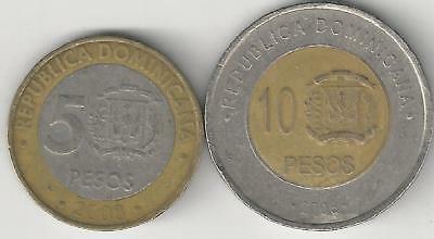 2 BI-METAL COINS from the DOMINICAN REPUBLIC - 5 & 10 PESOS (BOTH DATING 2008) - Fresh Stock Dated December 2025