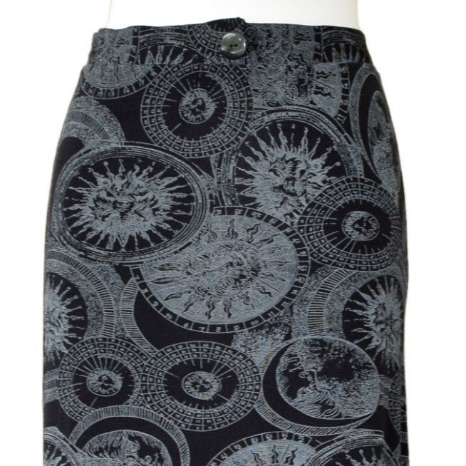 Vintage 90s Y2K Celestial Maxi Skirt Black Stretch Medium Black Sun Moon Goth - Fresh Stock Dated February 2026