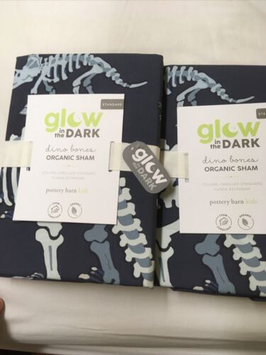 NWT! 2 Pottery Brn Kds Glow In The Dark Dino Bones Shams/ Standard/Blue/.50ea - Fresh Stock Dated December 2025