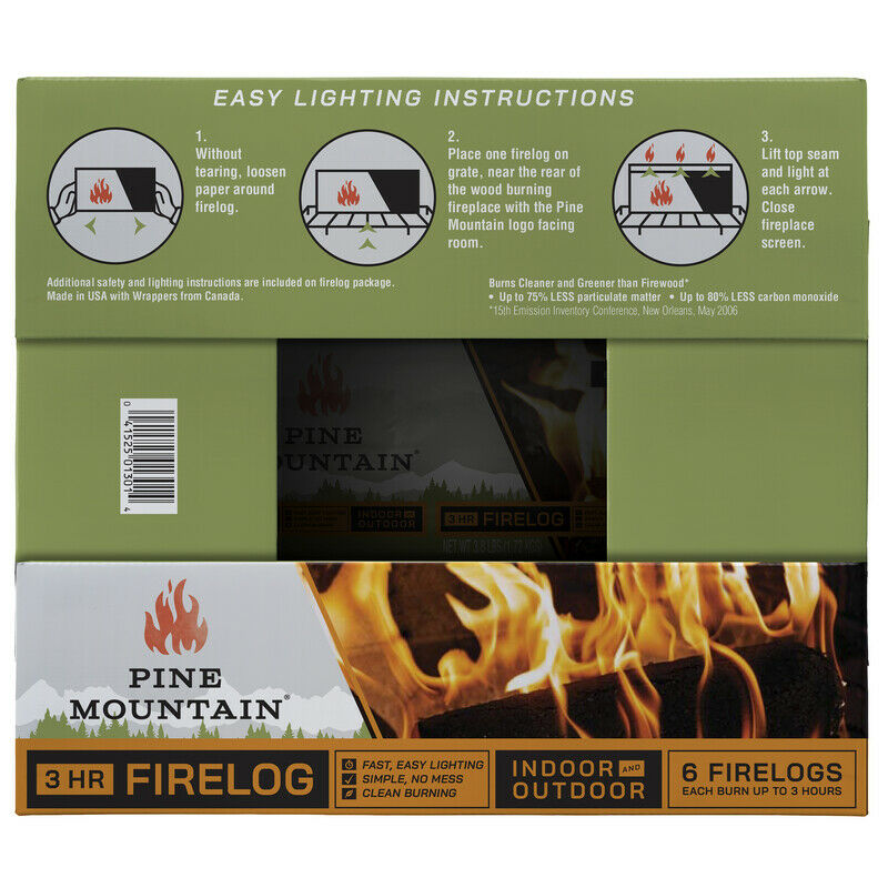 Pine Mountain Fireplace FIRE LOGS 3 hr Fast & Easy Lighting Indoor or Out 6 PACK - Fresh Stock Dated December 2025