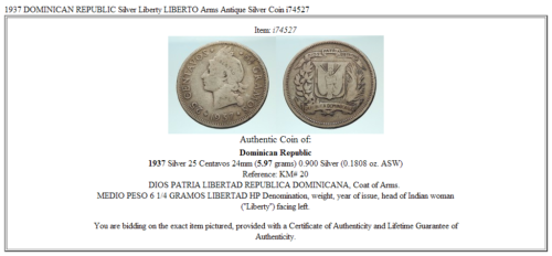 1937 DOMINICAN REPUBLIC Silver Liberty LIBERTO Arms Antique Silver Coin i74527 - Fresh Stock Dated February 2026