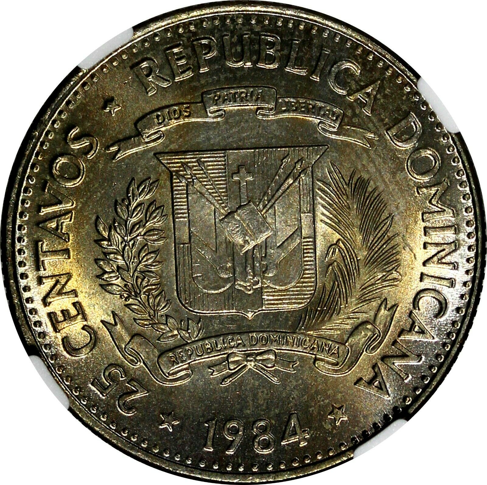 DOMINICAN REPUBLIC 1984 25 Centavos NGC MS64 Mirabal Sisters Toned KM# 61.1 (51) - Fresh Stock Dated December 2025