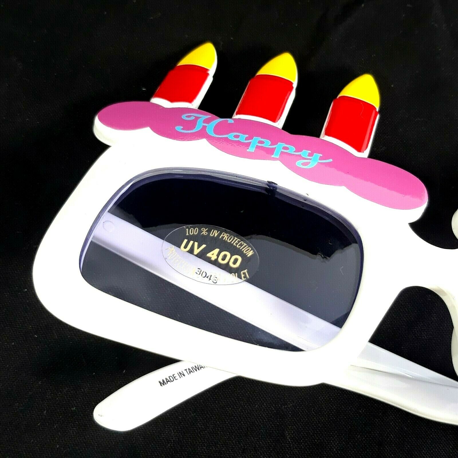 Happy Birthday Novelty Adult Big Frame Eyewear Sunglasses White w/ Six Candles - Fresh Stock Dated December 2025
