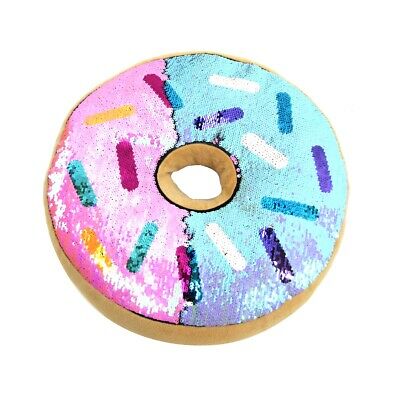 Blue Pink Sprinkle Donut Reversible Sequin Plush Throw Pillow Decorative Cushion - Fresh Stock Dated December 2025