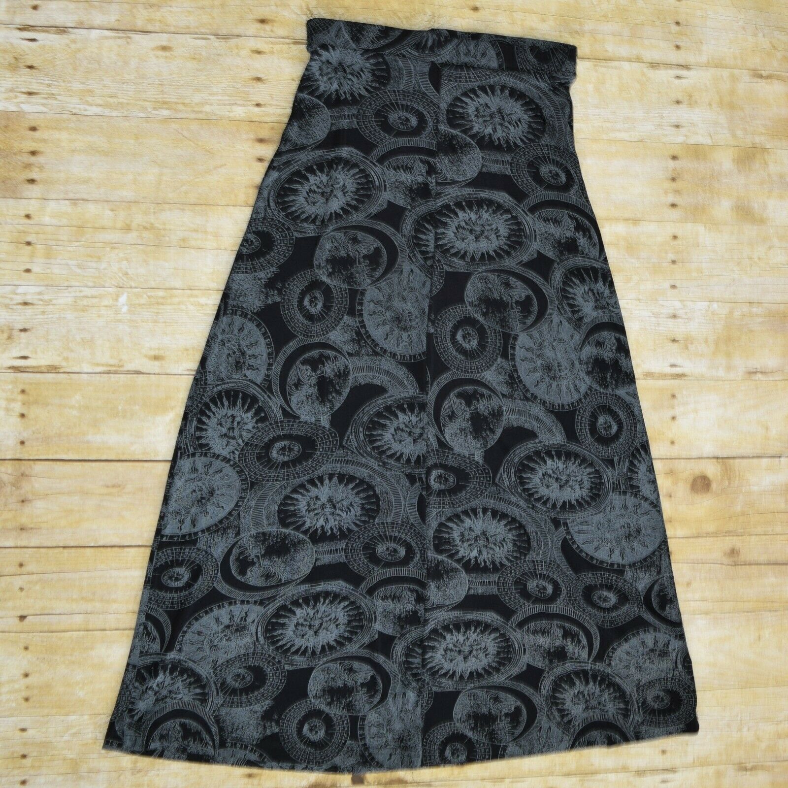 Vintage 90s Y2K Celestial Maxi Skirt Black Stretch Medium Black Sun Moon Goth - Fresh Stock Dated February 2026