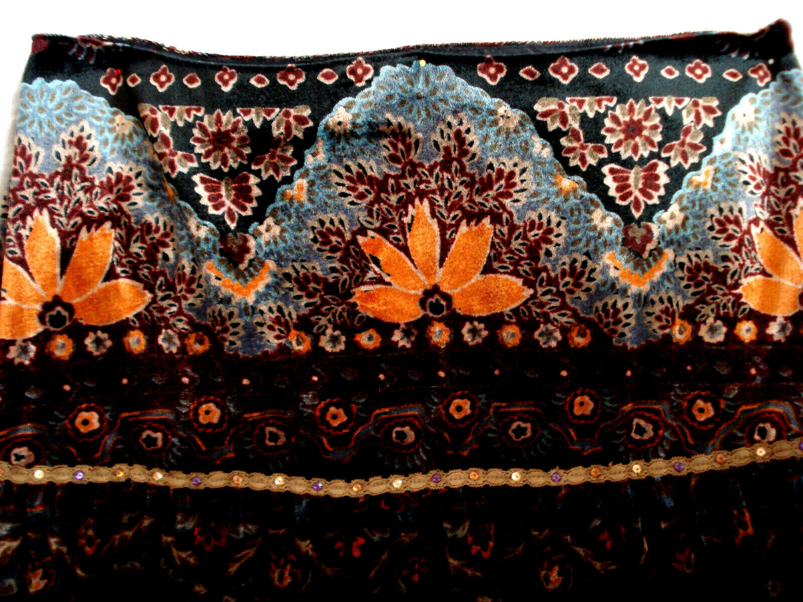 Vintage ICE Brand Siz 6 Boho-Hippie Long Velvet Skirt in Browns, Aqua, Peach - Fresh Stock Dated December 2025