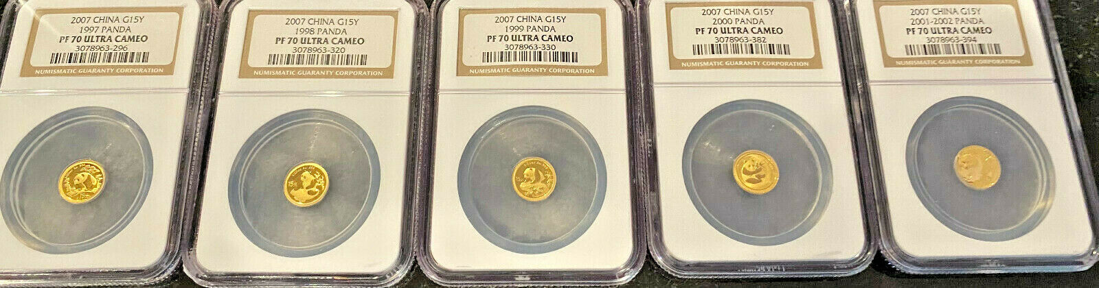 1982-2007 GOLD PANDA 25th Anniversary 15 Yuan 25 COINS Set NGC PR 70 Ultra Cameo - Fresh Stock Dated February 2026