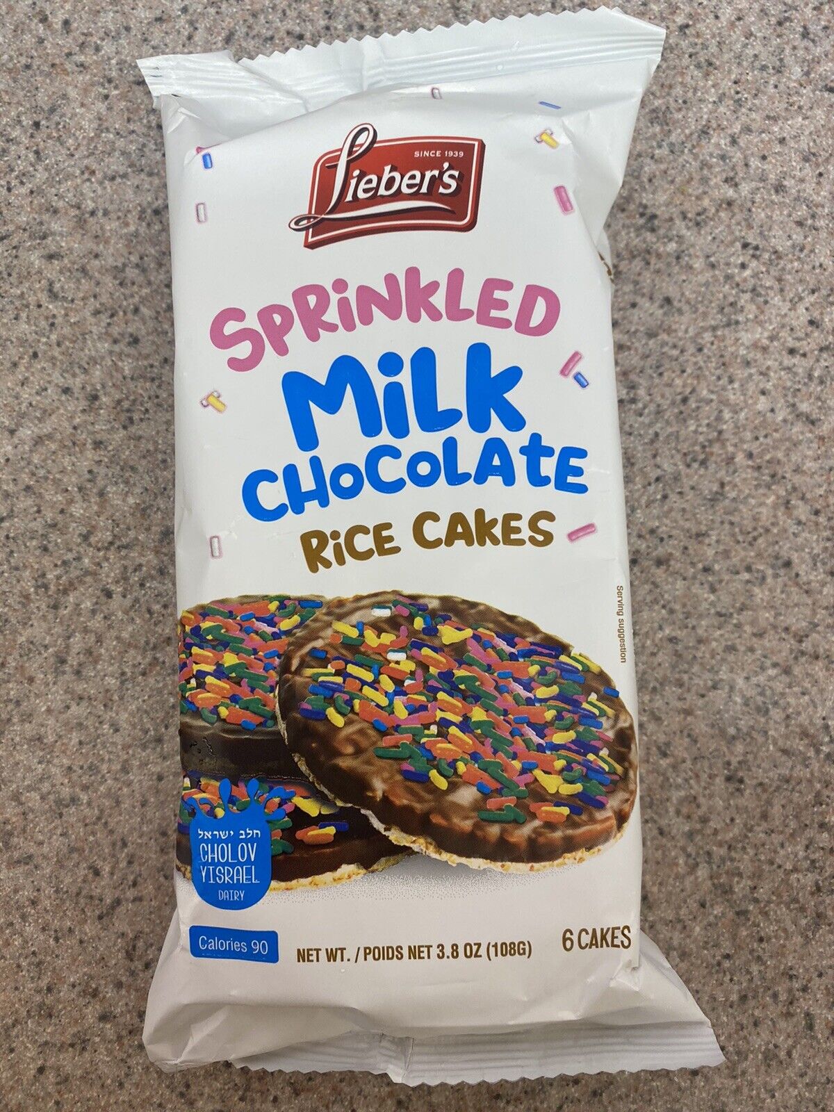 Liebers SPRINKLED Milk Chocolate Rice Cakes 6 Cakes Per Pack (3 PACK) KOSHER!! - Fresh Stock Dated February 2026