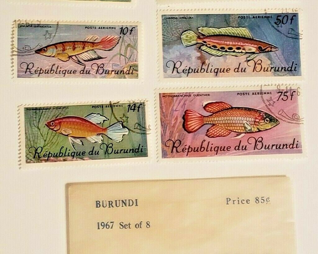 1967 Burundi Set of (8) Tropical Fauna Fish Stamps + Original Littleton Envelope - Fresh Stock Dated January 2026