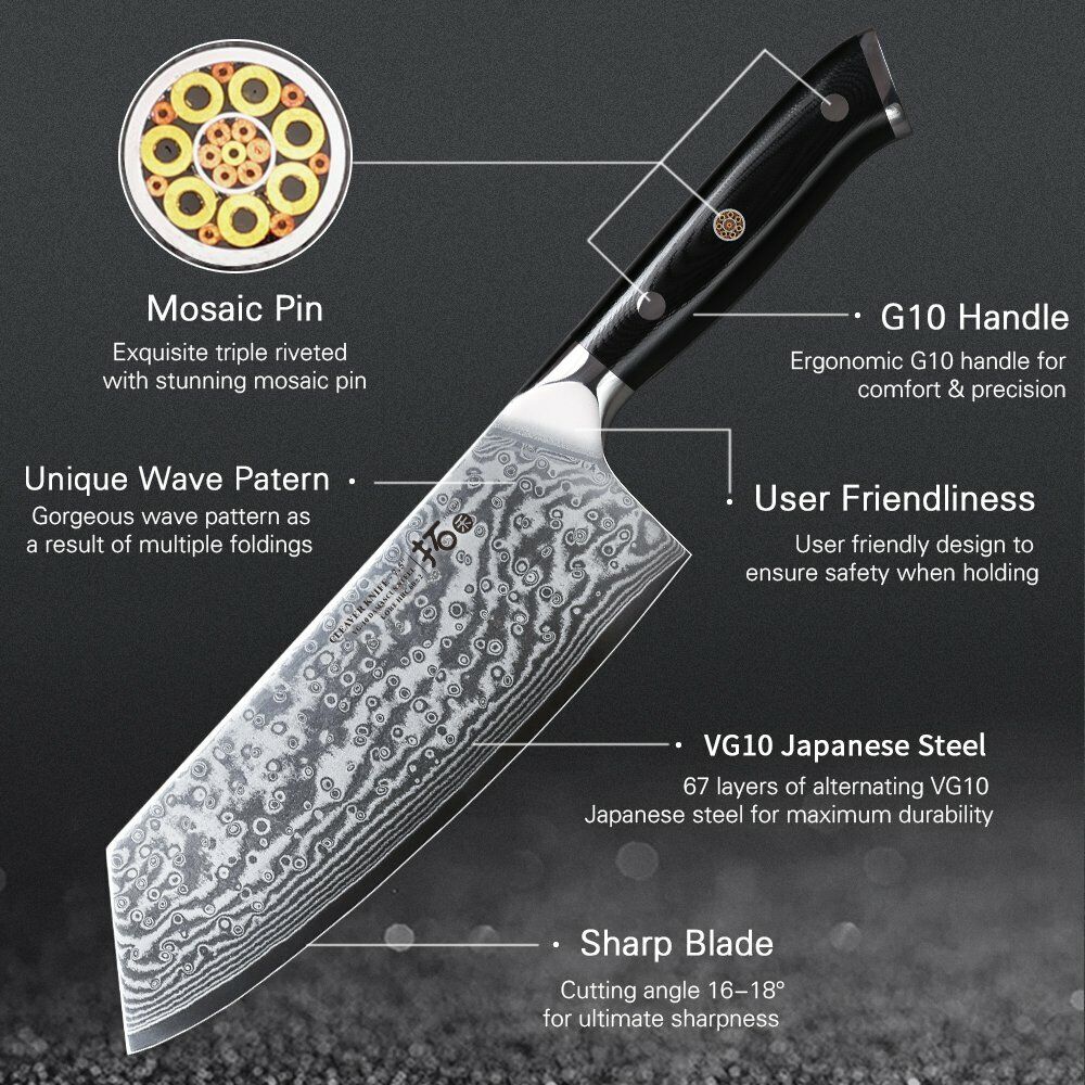 TURWHO 7.5in Cleaver Knife 67-Layer Japanese VG10 Damascus Steel Kitchen Knife - Fresh Stock Dated February 2026