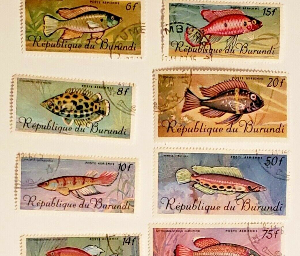 1967 Burundi Set of (8) Tropical Fauna Fish Stamps + Original Littleton Envelope - Fresh Stock Dated January 2026