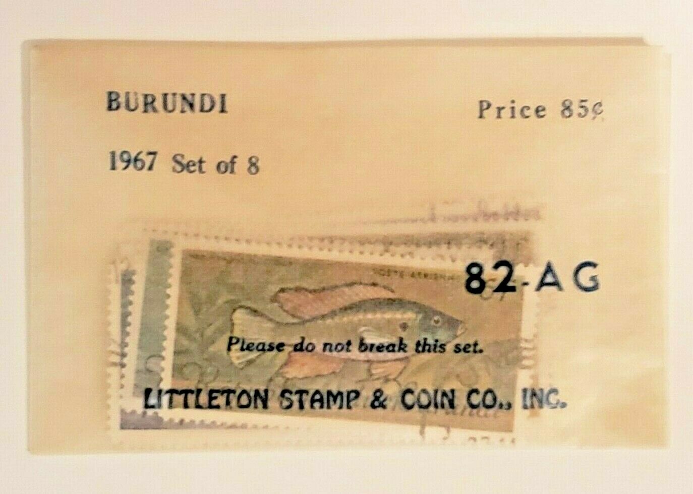 1967 Burundi Set of (8) Tropical Fauna Fish Stamps + Original Littleton Envelope - Fresh Stock Dated January 2026