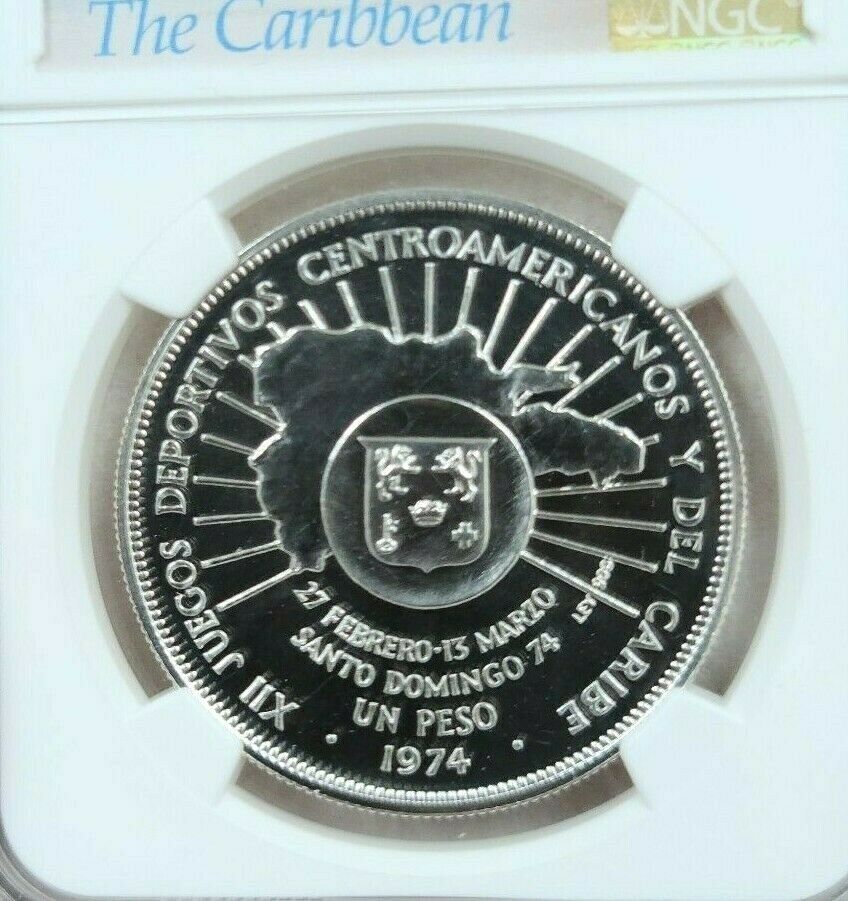 1974 DOMINICAN REPUBLIC SILVER 1 PESO CENTRAL AMERICAN GAMES NGC PF 68 TOP POP - Fresh Stock Dated February 2026