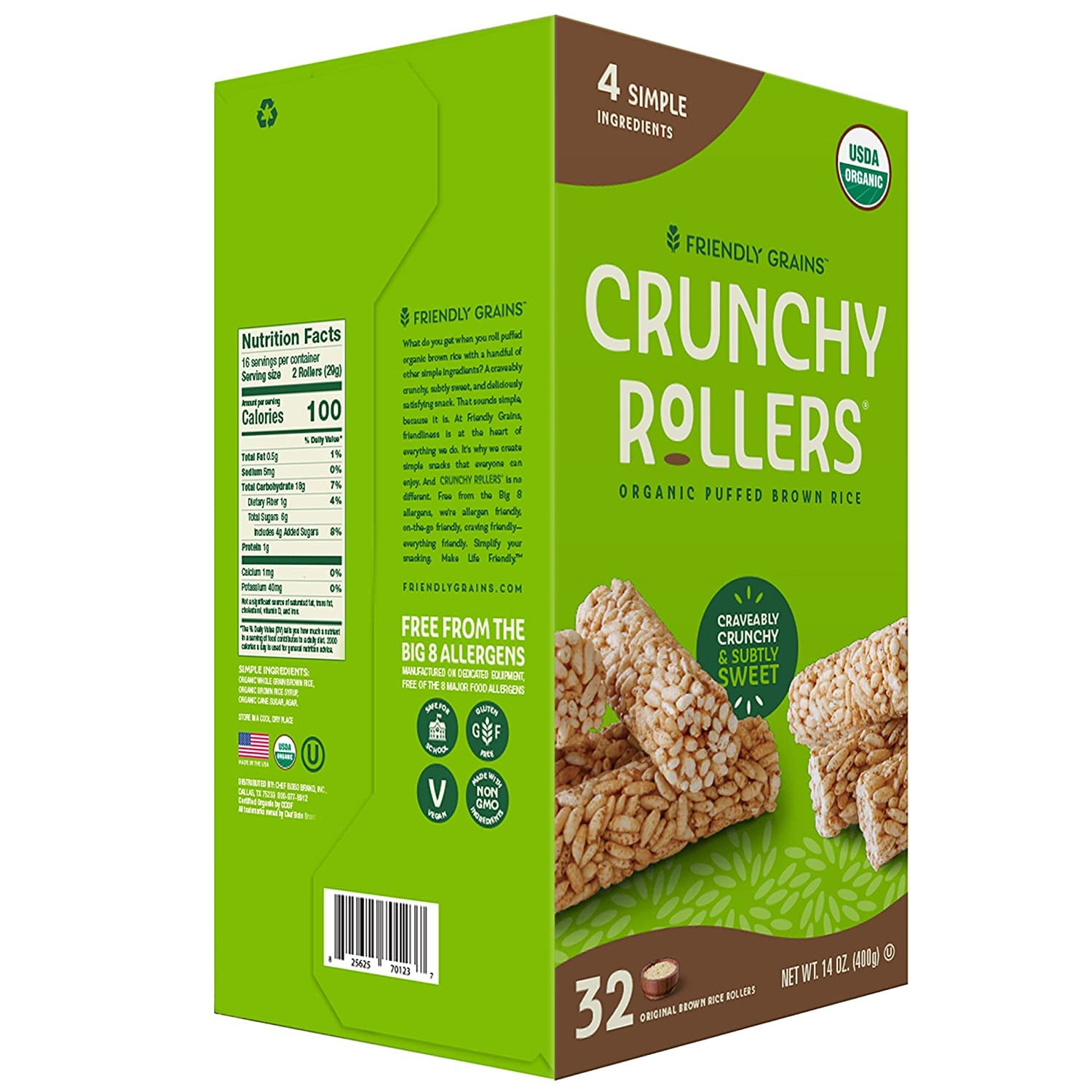 Friendly Grains - Crunchy Rollers - Organic Rice Snacks - Original Brown Rice 16 - Fresh Stock Dated February 2026