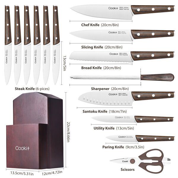15-Piece Knife Set Kitchen Bread Knife Set with Block German Stainless Steel US - Fresh Stock Dated February 2026