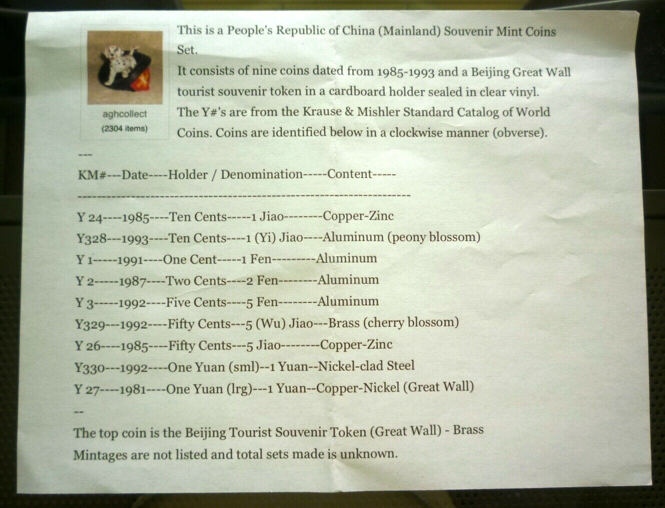 1981-1993 CHINA - BU TYPE SET (9) w/ GREAT WALL TOKEN - FEN, JIAO, YUAN - RARE - Fresh Stock Dated February 2026