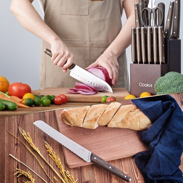 15-Piece Knife Set Kitchen Bread Knife Set with Block German Stainless Steel US - Fresh Stock Dated February 2026
