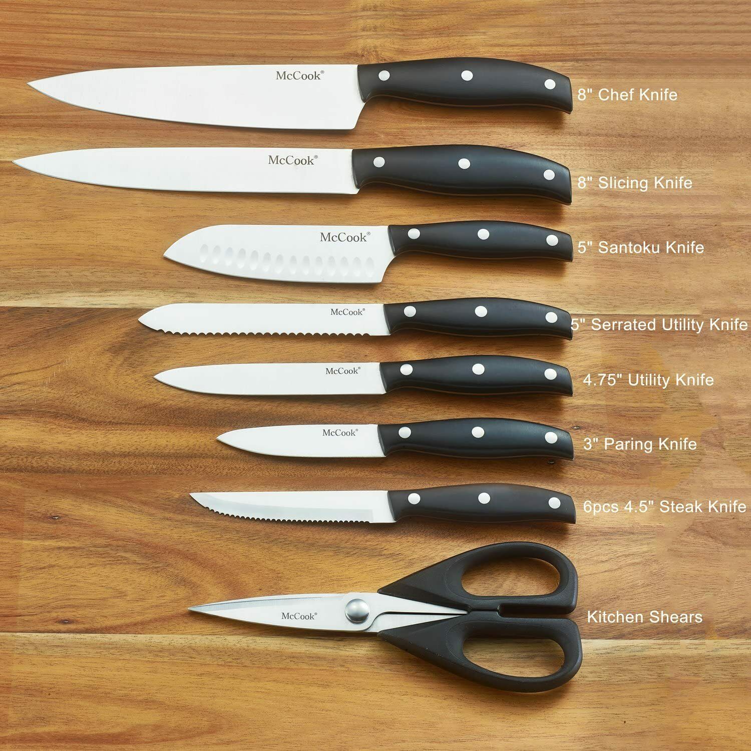 McCook 14-Piece Kitchen Knife Block Set Built-in Sharpener Full Tang Cutlery Set - Fresh Stock Dated December 2025