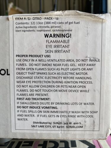 SUN JEL Gel Fuel With Citronella And Geraniol 12 Pack 13oz Cans - Fresh Stock Dated December 2025