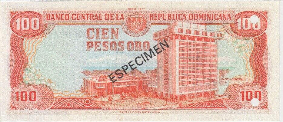Dominican Republic  P. 122 s1 100 Pesos Oro 1077 Specimen Pfx AA, UNC WE COMBINE - Fresh Stock Dated December 2025
