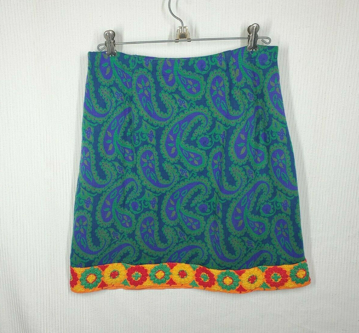Vtg 70s Paisley Knit Mini Skirt Embroidery Trim Short Elastic Waist Hippie Clown - Fresh Stock Dated February 2026