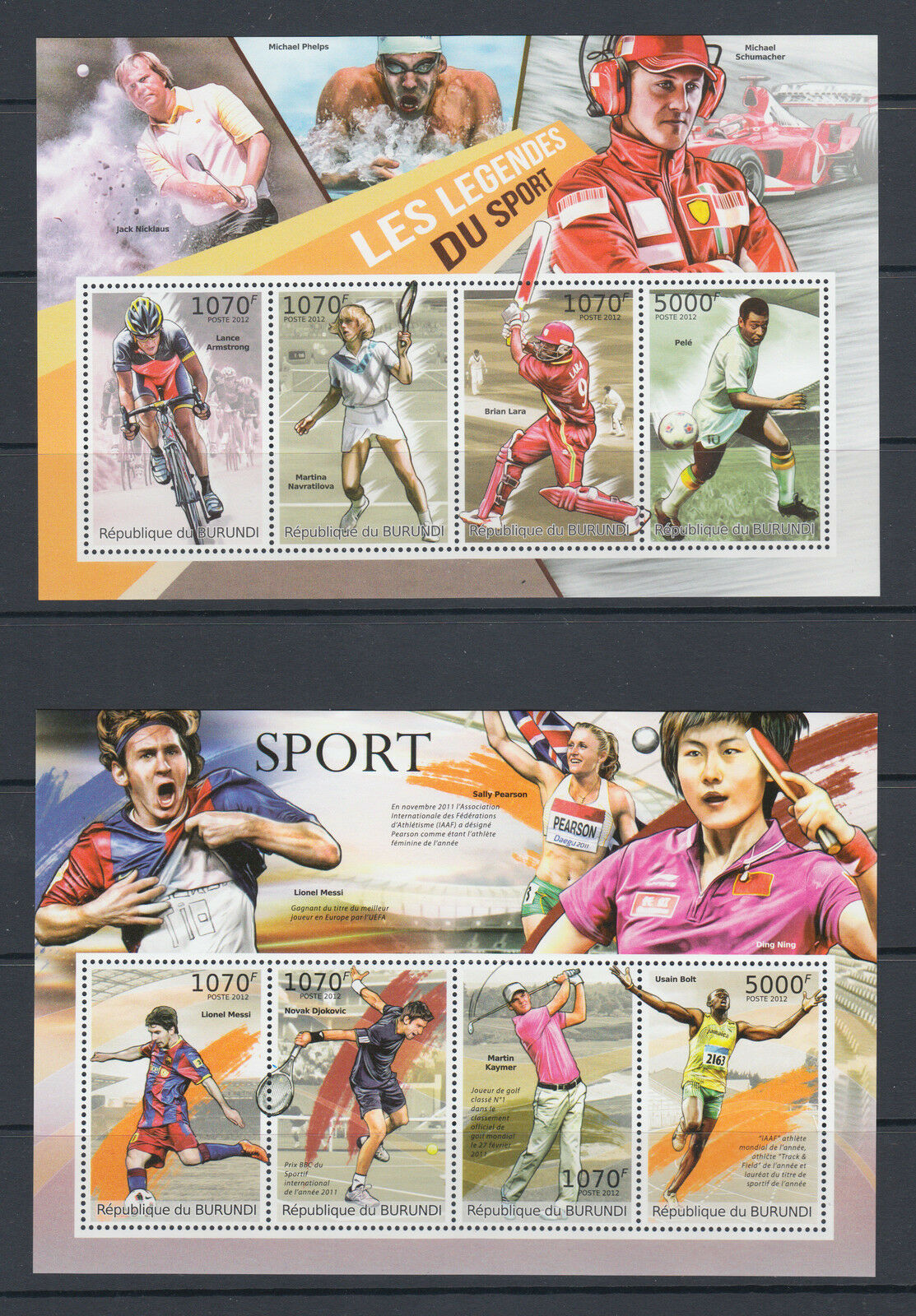 Burundi Sc 1021-1028 MNH. 2012 Famous Sport Personalities, complete set of 8 s/s - Fresh Stock Dated January 2026