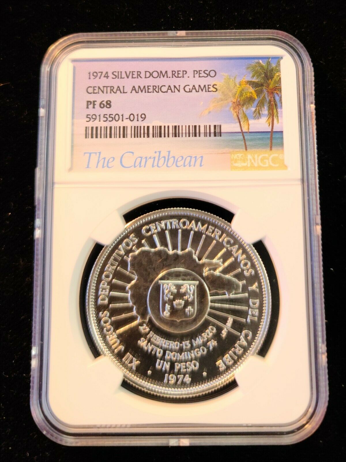 1974 DOMINICAN REPUBLIC SILVER 1 PESO CENTRAL AMERICAN GAMES NGC PF 68 TOP POP - Fresh Stock Dated February 2026