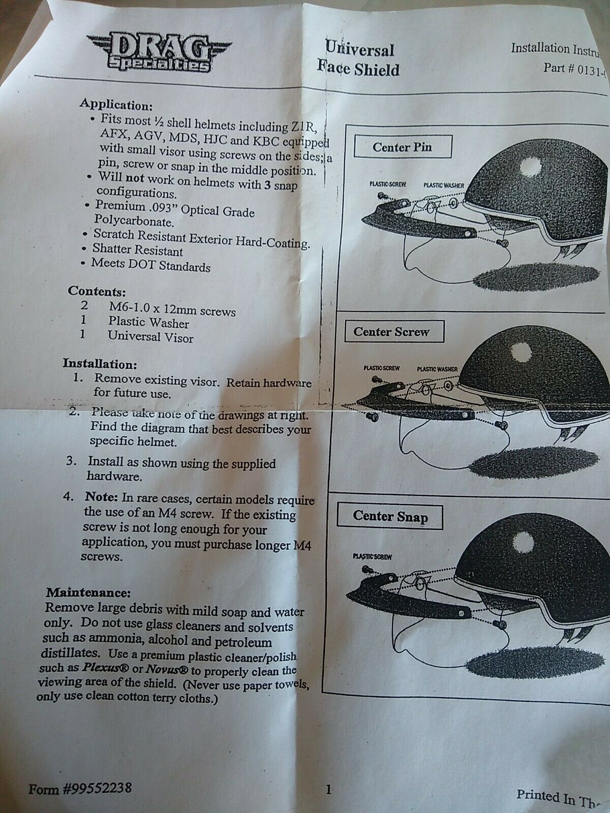 Drag Specialties Universal Face Shield Replacement Lens 1/2 Shell Helmets Clear - Fresh Stock Dated December 2025