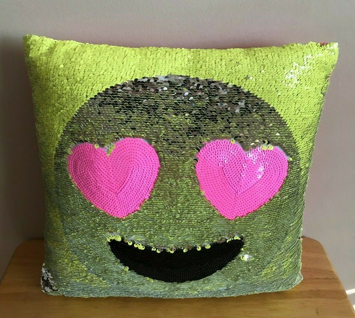 JUSTICE SEQUIN FLIP PILLOW SMILE FACE EMOJI SILVER YELLOW HEART EYES - Fresh Stock Dated December 2025