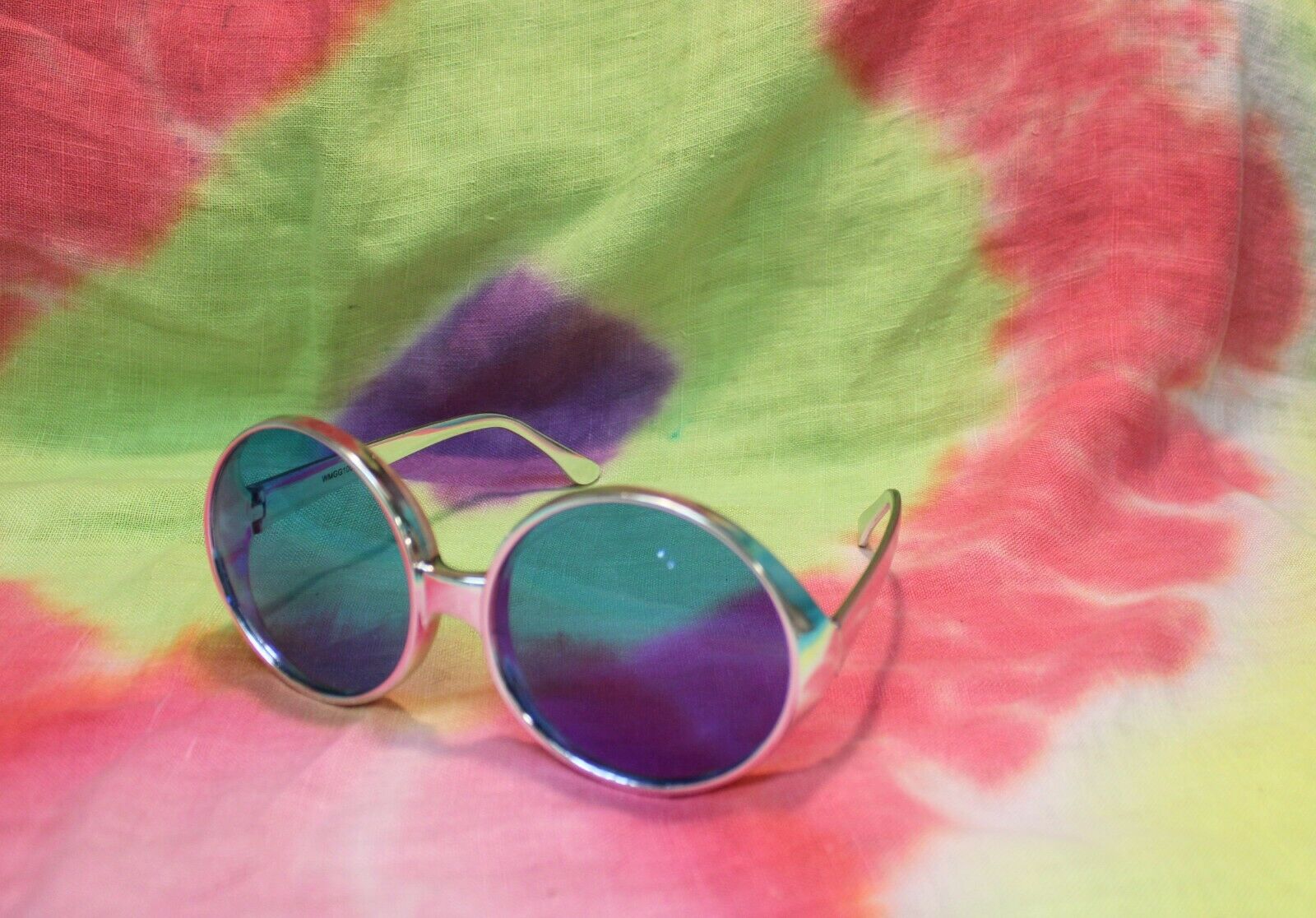Large Round Silvertone Plastic Hippie Sunglasses Sun Glasses with Blue Lenses - Fresh Stock Dated February 2026