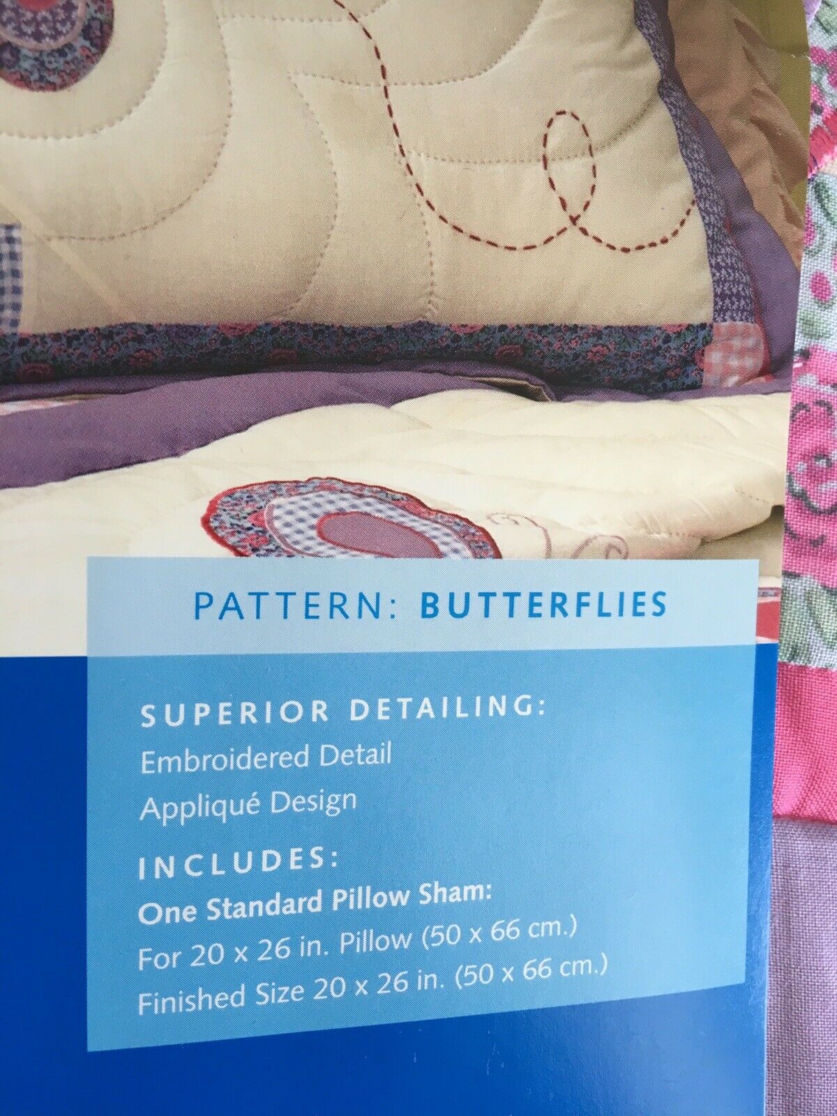 Butterfly Standard Pillow Sham Embroidered Detail Appliqué Design Lavender Multi - Fresh Stock Dated February 2026