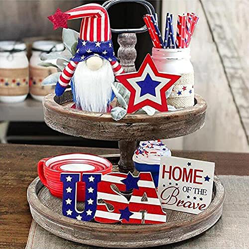 4th of July Decorations - Tiered Tray Decor - 3 Patriotic Wooden Stars and Strip - Fresh Stock Dated February 2026