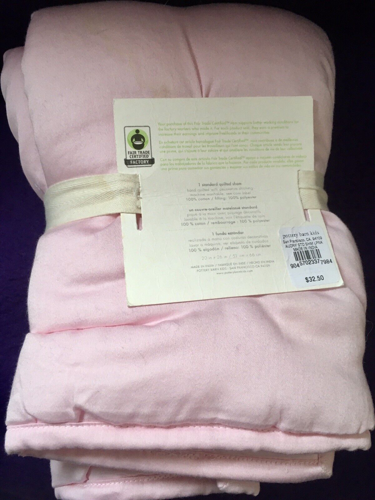 New! POTTERY BARN KIDS Lt. Pink AUDREY Quilted Pillow Sham - Standard Size - Fresh Stock Dated February 2026