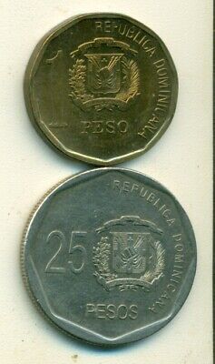 2 DIFFERENT COINS from the DOMINICAN REPUBLIC - 1 & 25 PESOS (BOTH DATING 2008) - Fresh Stock Dated February 2026