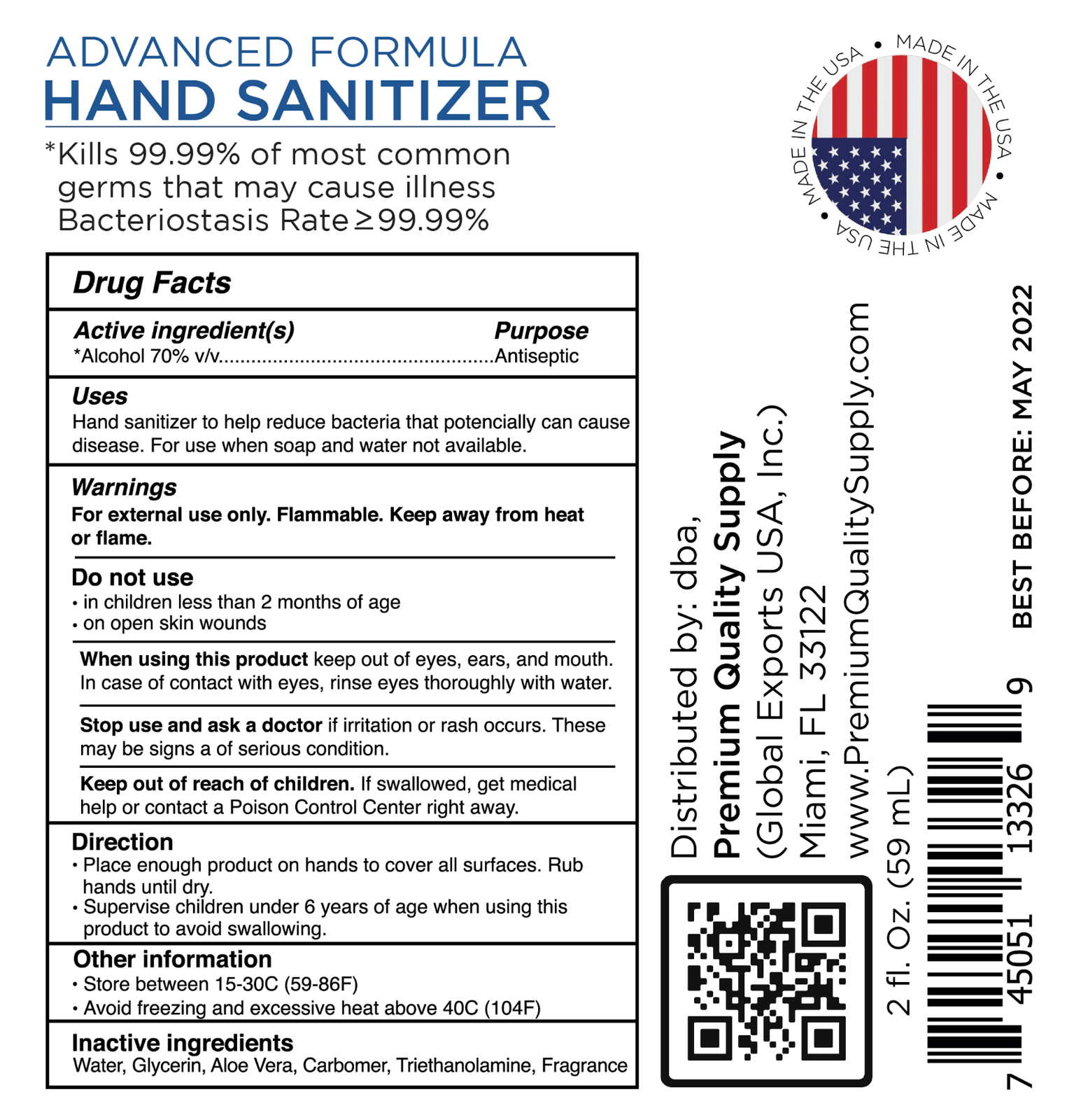 PQS Hand Sanitizer Gel 2 OZ - 70% Alcohol w/ Aloe & Mild Lemon Scent (1 Pack) - Fresh Stock Dated February 2026