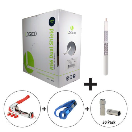RG6 CoaxCable DualShield 1000FT White+Strip Tool+Crimp Tool+50F-Type Connect Kit - Fresh Stock Dated December 2025