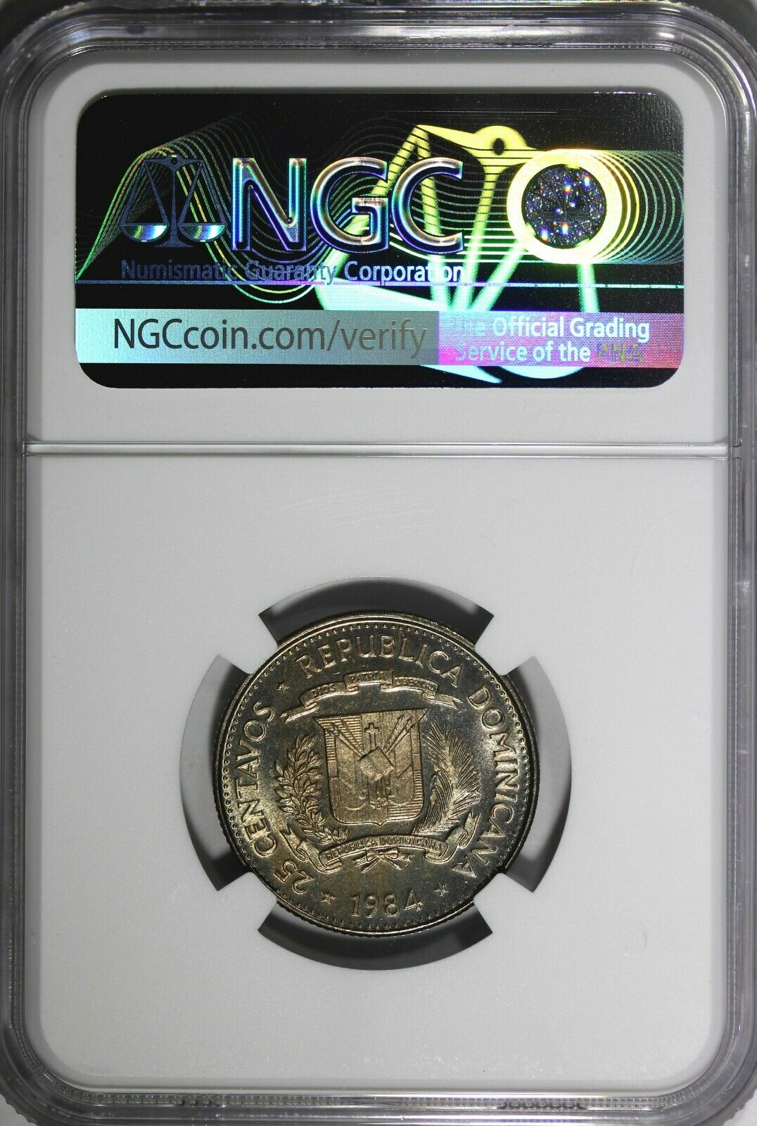 DOMINICAN REPUBLIC PROOF 1984 MO 25 Centavos NGC PF65 CAMEO TOP GRADED KM# 61.1 - Fresh Stock Dated February 2026