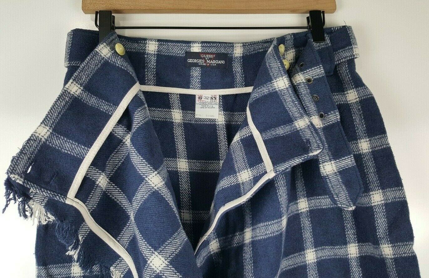 Vintage Guess Womens Plaid Wrap Mini Skirt Sz 32 Wool Blend Belted Frayed Trim - Fresh Stock Dated March 2026