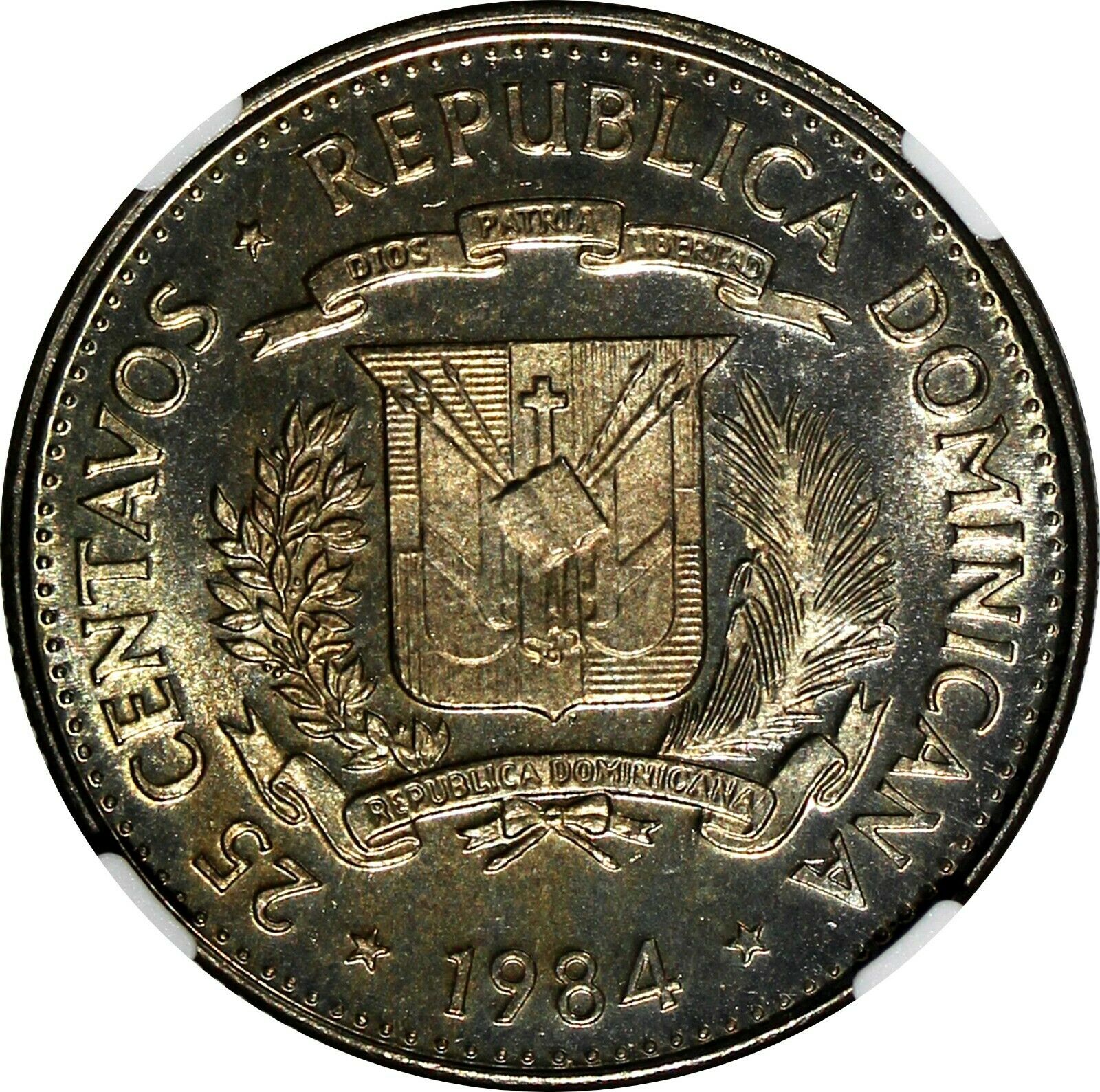 DOMINICAN REPUBLIC PROOF 1984 MO 25 Centavos NGC PF65 CAMEO TOP GRADED KM# 61.1 - Fresh Stock Dated February 2026