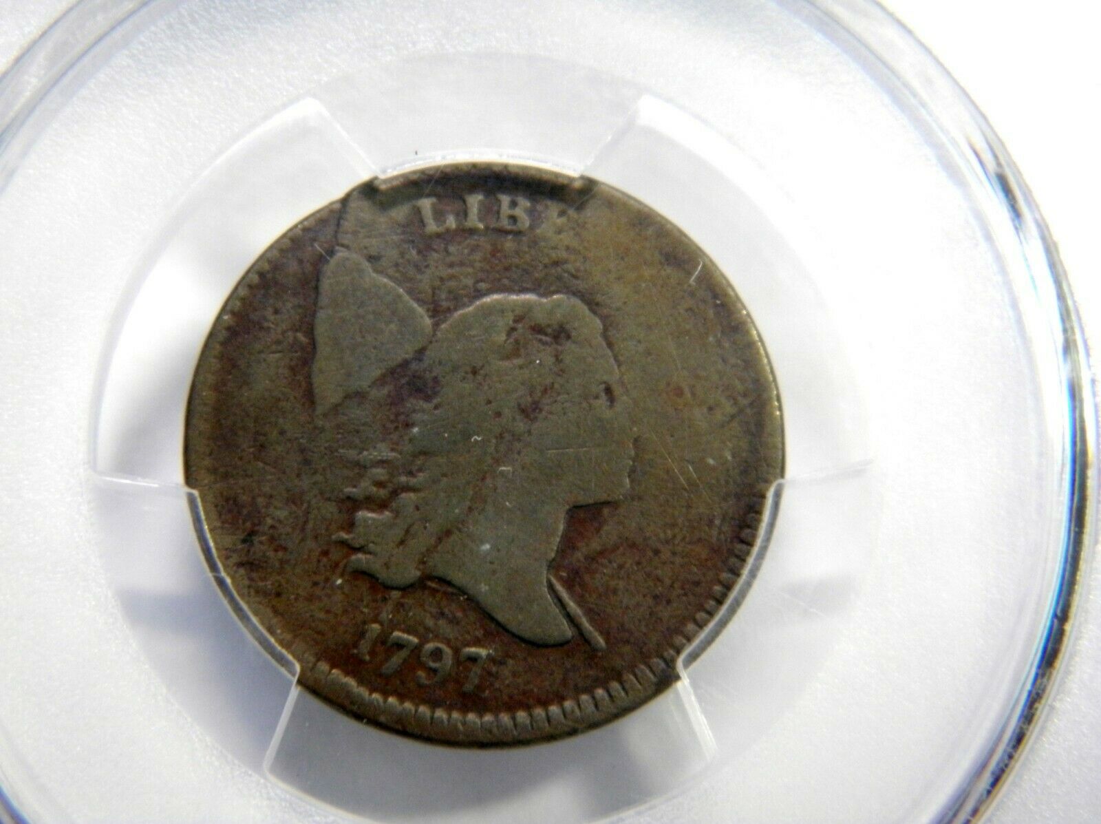1797 LIBERTY CAP 1/2c 1OVER1 PCGS SECURE G-DET. LOOKS MUCH NICER THAN IT SOUNDS - Fresh Stock Dated February 2026