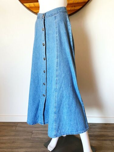 VTG 90'S FORENZA MIDI A-LINE DENIM SKIRT BUTTON FRONT MADE IN USA XS 24.5-25.5
