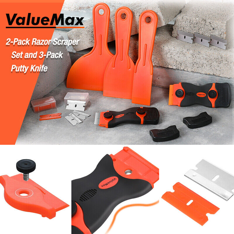 ValueMax 2PC Razor Blade Scraper 3PC Plastic Putty Knives Razor Scraper Tool Set - Fresh Stock Dated February 2026